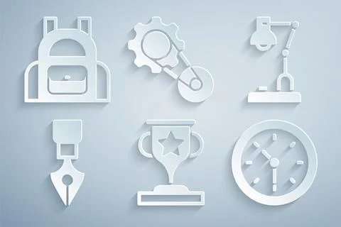 Set Award cup, Table lamp, Fountain pen nib, Clock, Timing belt kit and Sch.. Stock Illustration