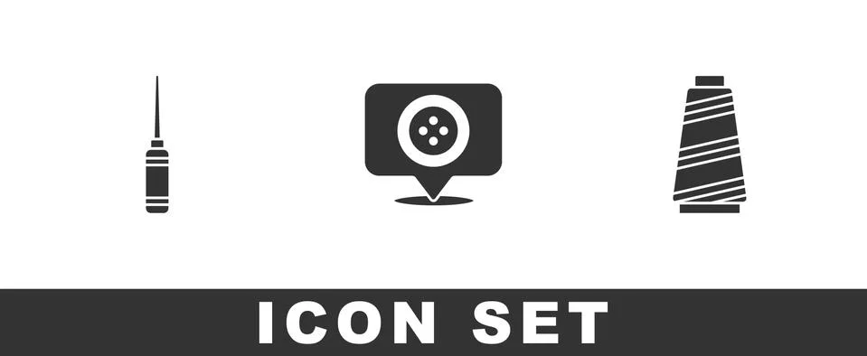 Set Awl tool, Location tailor shop and Sewing thread icon. Vector 스톡 일러스트