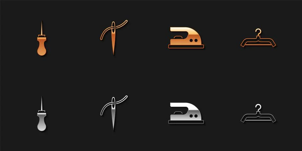 Set Awl tool, Needle with thread, Electric iron and Hanger wardrobe icon. Vector 스톡 일러스트
