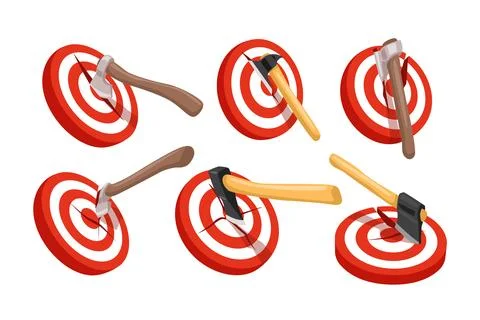 Set of axe throwing target cartoon collection, Throw Axe in wood target, go.. Illustrazione stock