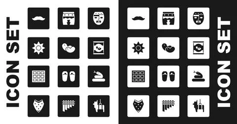 Set Aztec mask, Beans, Sun, Mustache, in can, Huehuetl, Snake and Chocolate bar イラスト素材