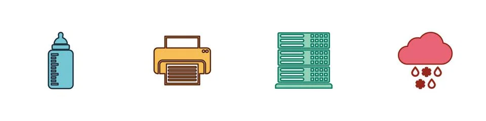 Set Baby bottle, Printer, Server, Data, Web Hosting and Cloud with snow and rain Stock Illustration