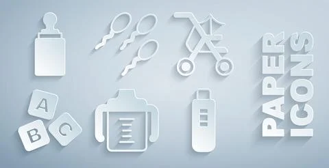 Set Baby bottle, stroller, ABC blocks, Pregnancy test, Sperm and  icon. Vecto Stock Illustration