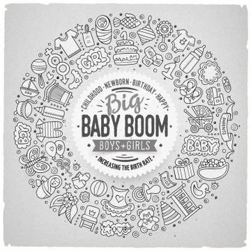 Set of Baby cartoon doodle objects round frame Stock Illustration