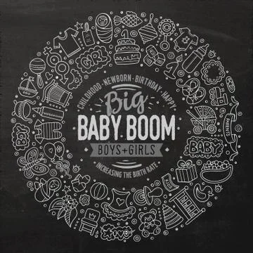Set of Baby cartoon doodle objects round frame 스톡 일러스트