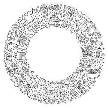Set of Baby cartoon doodle objects round frame Stock Illustration