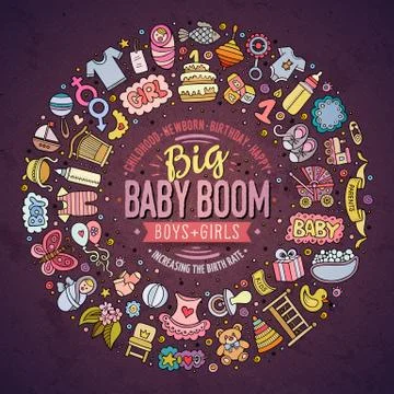 Set of Baby cartoon doodle objects round frame 스톡 일러스트