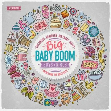 Set of Baby cartoon doodle objects round frame 스톡 일러스트