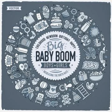 Set of Baby cartoon doodle objects round frame Stock Illustration