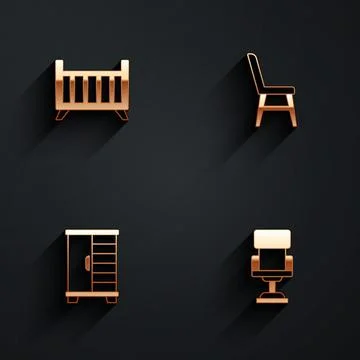 Set Baby crib cradle bed, Chair, Wardrobe and Office chair icon with long shadow Stock Illustration