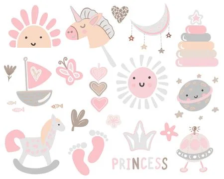 Set of baby design elements, cute sun toy, horse and foot print, princess kids Stock Illustration