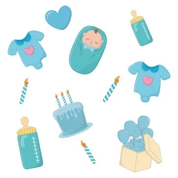 Set of baby elements in blue Illustrazione stock