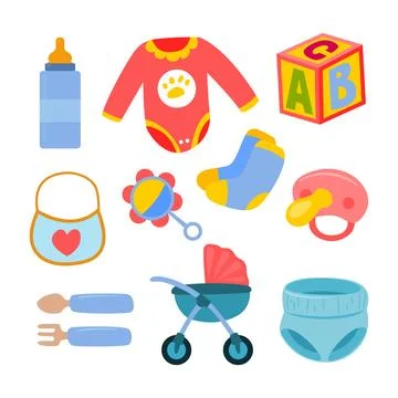 Set of Baby Newborn Element Objects Set Collection with Baby Bottle, ABC Bl.. Stock Illustration