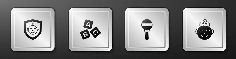 Set Baby on shield, ABC blocks, Rattle baby toy and Little girl head icon Stock Illustration