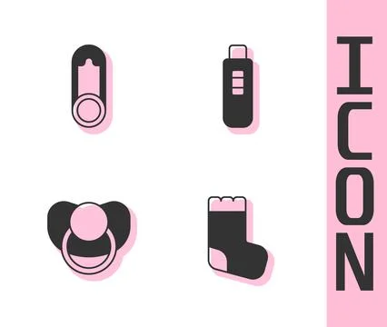 Set Baby socks, clothes pin, dummy pacifier and Pregnancy test icon. Vector Stockillustratie
