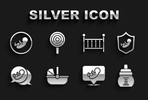 Set Baby stroller, on shield, bottle, crib cradle,  and Lollipop icon. Vector Stock Illustration