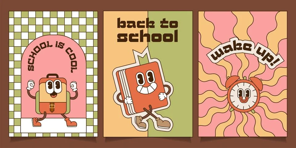 Set of Back to School a4 Banners in Groovy vintage Style. Collection of posters Stock Illustration