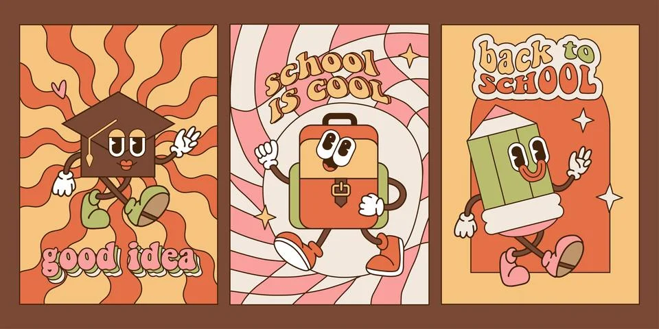 Set of Back to School A4 posters template in 70s-80s Groove Style with retro Stock Illustration