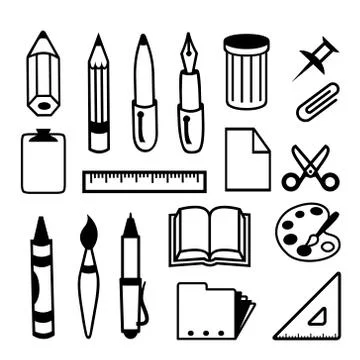 Set of Back to School and Office Stationery Object Icon Black Vector. Stock Illustration