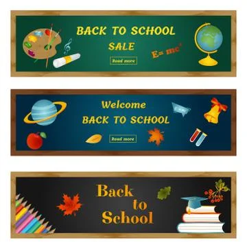 Set of Back to school backgrounds with elements globe, palette paint, apple イラスト素材