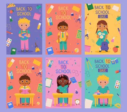 Set of Back to school banner design with colorful funny school character, edu Stock Illustration