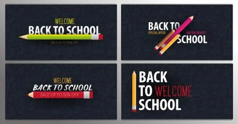 Set of Back to School banners with colour pencils and hand draw doodle Stock Illustration