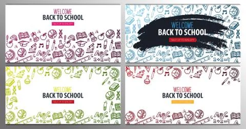 Set of Back to School banners with hand draw doodle background. Vector Stock Illustration