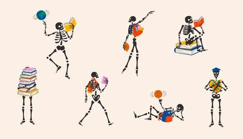 Set of Back to school. Funny Skeleton ready for school with school stationery Stock-Illustration