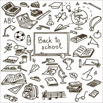 Set back to school. sketch. book, brush, calculator, eraser, fastener, globe Stock Illustration