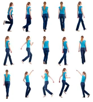 Set back view of walking and running woman in jeans Stock Photos