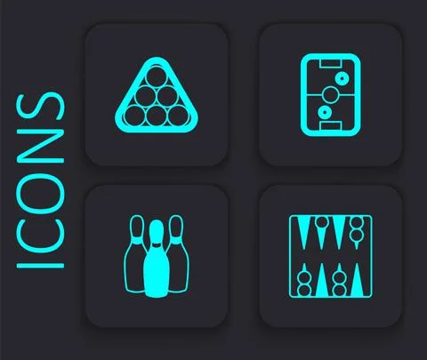 Set Backgammon board, Billiard balls in triangle, Air hockey table and Bowling Stock Illustration