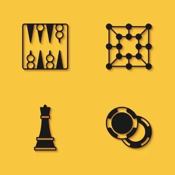 Set Backgammon board, Casino chips, Chess and Board game icon with long shado Stock Illustration