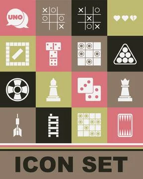 Set Backgammon board, Chess, Billiard balls in triangle, Tic tac toe game Stock Illustration