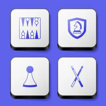 Set Backgammon board, Chess, Chip for game and Crossed billiard cues icon. White Illustrazione stock