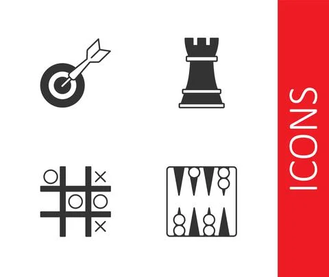 Set Backgammon board, Classic dart and arrow, Tic tac toe game and Chess icon Stock Illustration