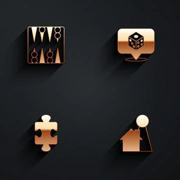 Set Backgammon board, Game dice, Puzzle pieces toy and Chip for game icon wit Stock Illustration