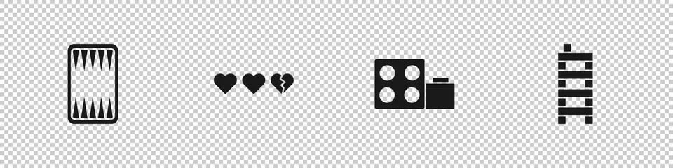 Set Backgammon board, Hearts for game, Toy building block bricks and Mahjong Ilustración de archivo