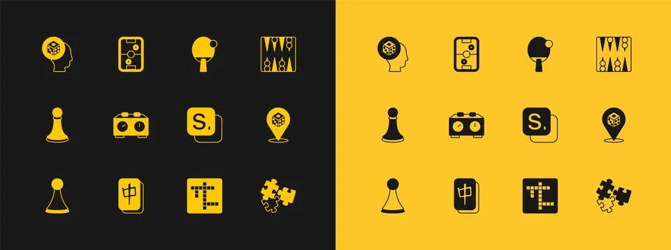 Set Backgammon board, Mahjong pieces, Bingo, Crossword, Time chess clock, R.. Stock Illustration
