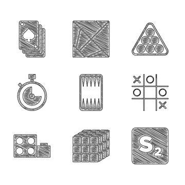 Set Backgammon board, Rubik cube, Bingo, Tic tac toe game, Toy building block Stock Illustration