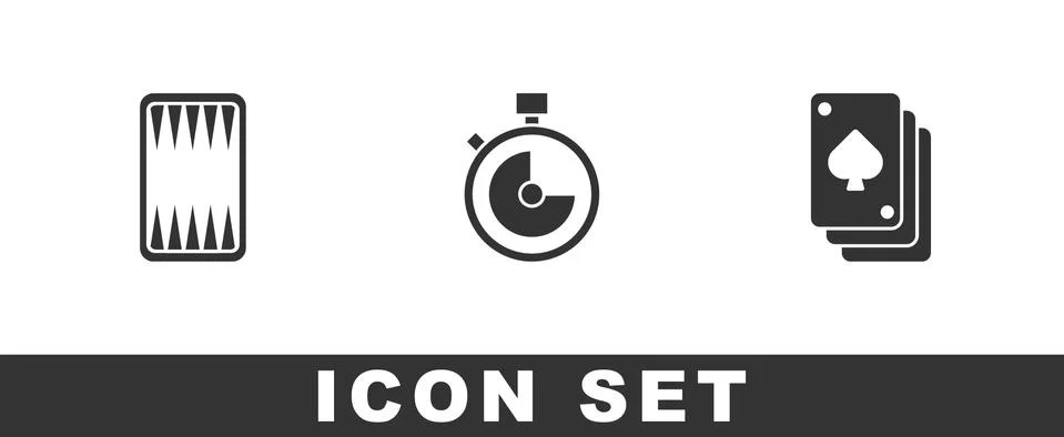 Set Backgammon board, Stopwatch and Playing cards icon. Vector Stock Illustration