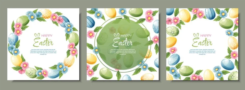 Set of Background with Easter eggs and flowers. Postcard, banner for Easter.. Stock Illustration