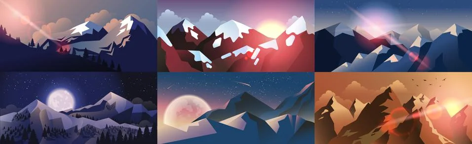 Set background mountain landscape in flat style Stock Illustration