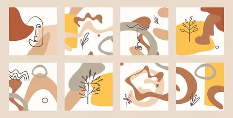 A set of backgrounds with abstract shapes and faces, branches and leaves, waves Stock Illustration