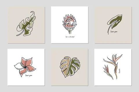 Set of backgrounds with one line continuous leaves and phrases. Abstract coll Stock Illustration