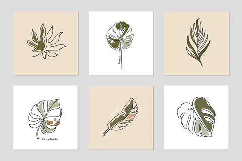 Set of backgrounds with one line continuous leaves and phrases. Abstract coll Illustrazione stock
