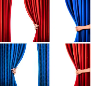Set of backgrounds with red and blue velvet curtain and hand. vector illustra Stock Illustration