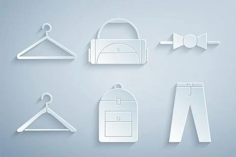 Set Backpack, Bow tie, Hanger wardrobe, Pants, Sport bag and  icon. Vector Stock Illustration