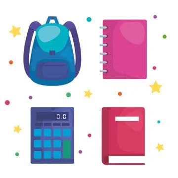 Set of backpack with calculator and notebook with book 스톡 일러스트