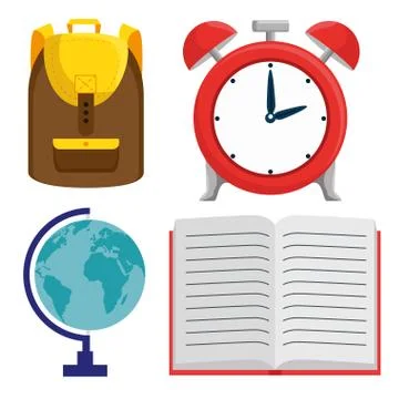 Set of backpack with clock alarm and global map with note book Stock Illustration