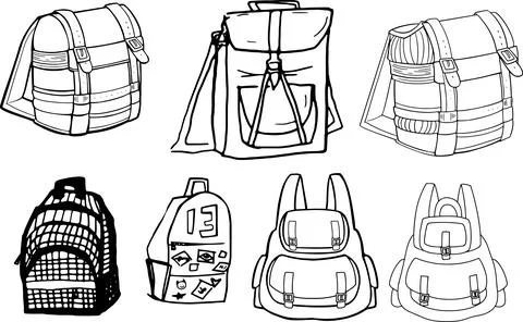 Set backpack line clip art drawing children school bag icon Vector flat ill.. 스톡 일러스트